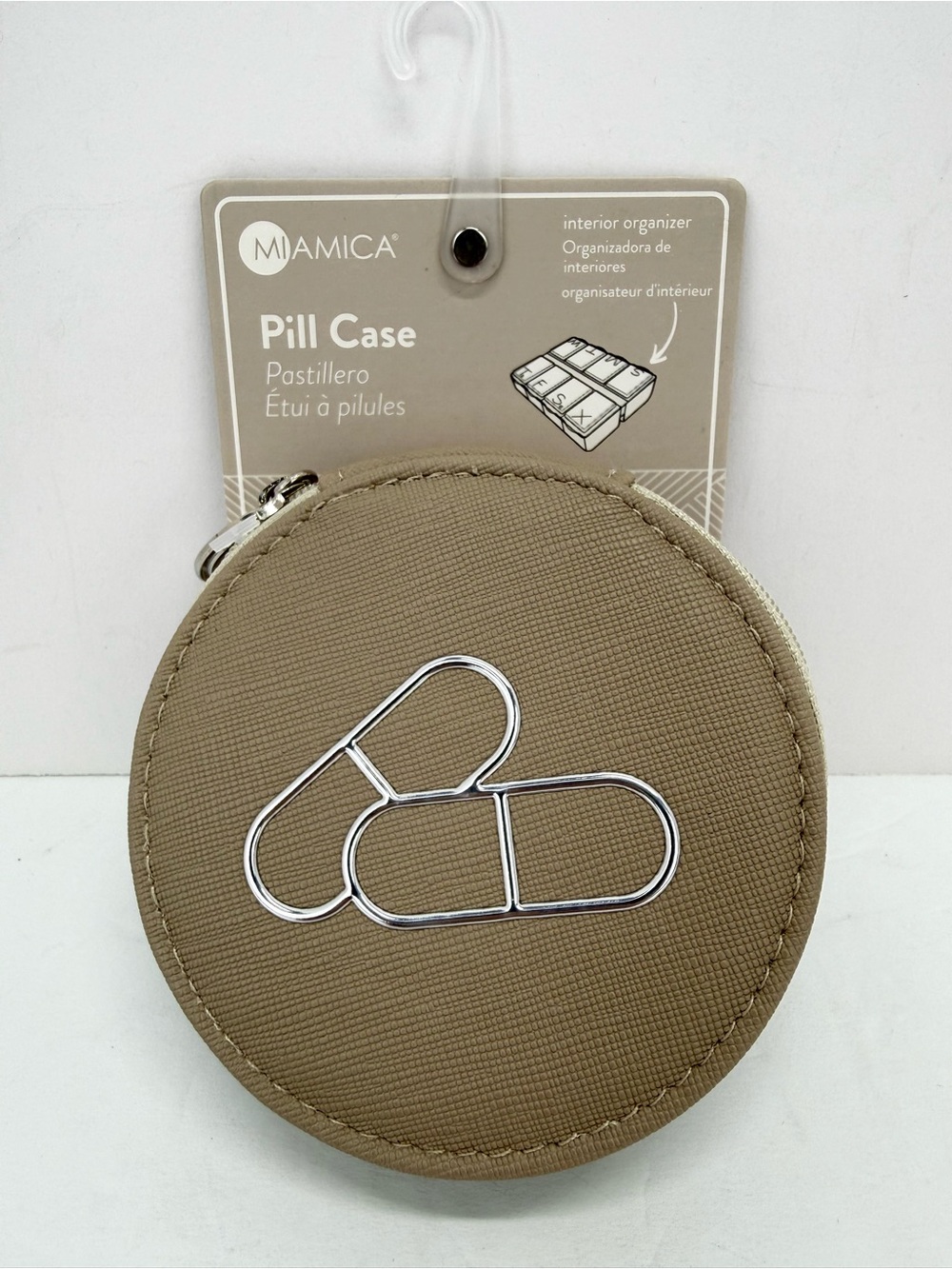 Miamica Khaki Tan Textured 8 Compartments Round Travel Pill Case NEW